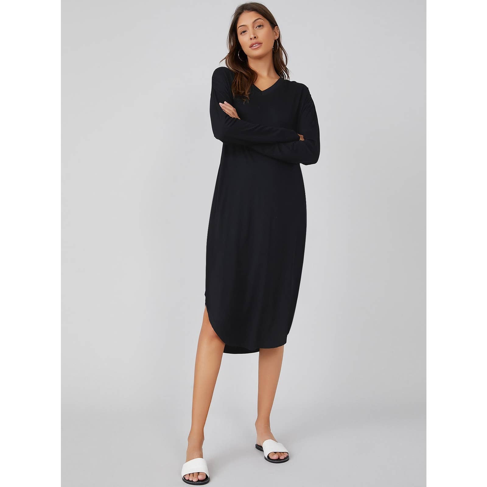 Minimalist Drop Shoulder Curved Hem Solid Long Sleeve Midi Dress